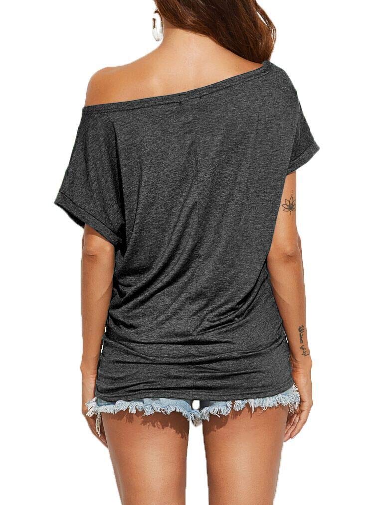 Poetsky Batwing Tops for Women Short Sleeve Off the Shoulder T Shirts, Dark Grey, L - Image 3